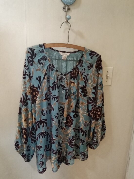 Sundance Tops - Sundance Sz L sheer turquoise with velvet pattern Blouse